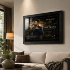 Novak Djokovic framed tennis wall art displayed in a warm living room above a sofa with premium collector styling.