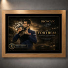 Oak-framed Novak Djokovic tennis wall art with Australian Open trophy scene in a warm premium collector frame.