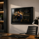 Novak Djokovic black-framed tennis wall art styled in a premium office with timber desk and modern collector display.