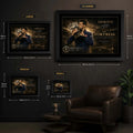 Novak Djokovic tennis wall art size guide comparing small, medium, large and extra large framed collector editions.