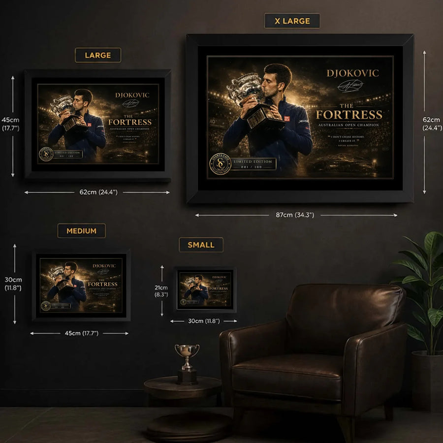 Novak Djokovic tennis wall art size guide comparing small, medium, large and extra large framed collector editions.