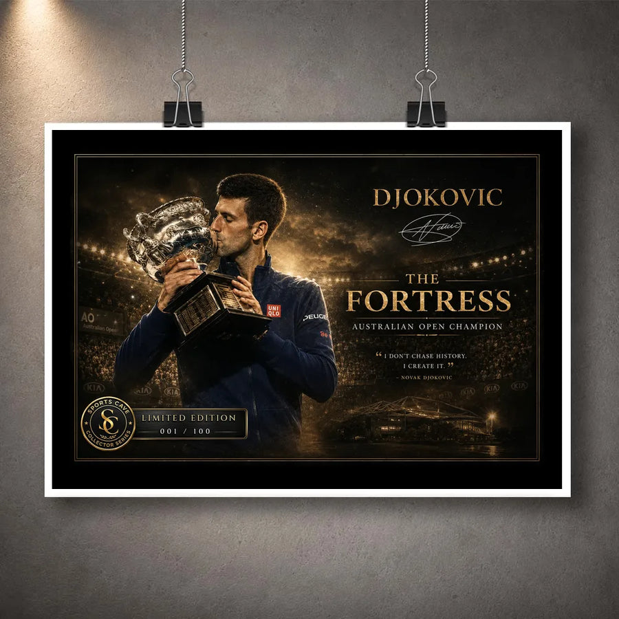 Unframed Novak Djokovic tennis wall art print featuring trophy celebration and limited edition collector details.