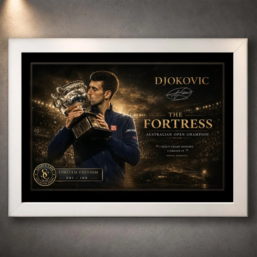 White-framed Novak Djokovic tennis wall art showing The Fortress artwork in a clean modern collector presentation.