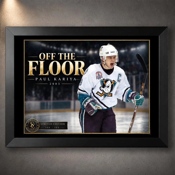 Black framed Paul Kariya hockey wall art featuring the Off the Floor 2003 tribute with gold artwork accents.