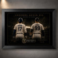 Black framed Ohtani vs Judge baseball wall art featuring Shohei Ohtani and Aaron Judge in a stadium-lit design.