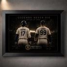 Black framed Ohtani vs Judge baseball wall art featuring Shohei Ohtani and Aaron Judge in a stadium-lit design.
