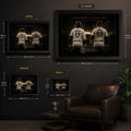 Ohtani vs Judge baseball wall art size guide showing Small, Medium, Large and XL framed dimensions.