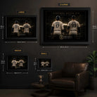 Ohtani vs Judge baseball wall art size guide showing Small, Medium, Large and XL framed dimensions.