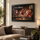 Jordan vs Barkley One Crown basketball wall art displayed in a warm living room with a black frame.