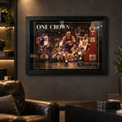 Jordan vs Barkley One Crown basketball wall art displayed in a dark man cave with a black frame.