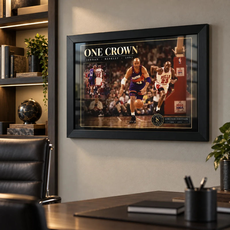 Jordan vs Barkley One Crown basketball wall art displayed in a modern office with a black frame.