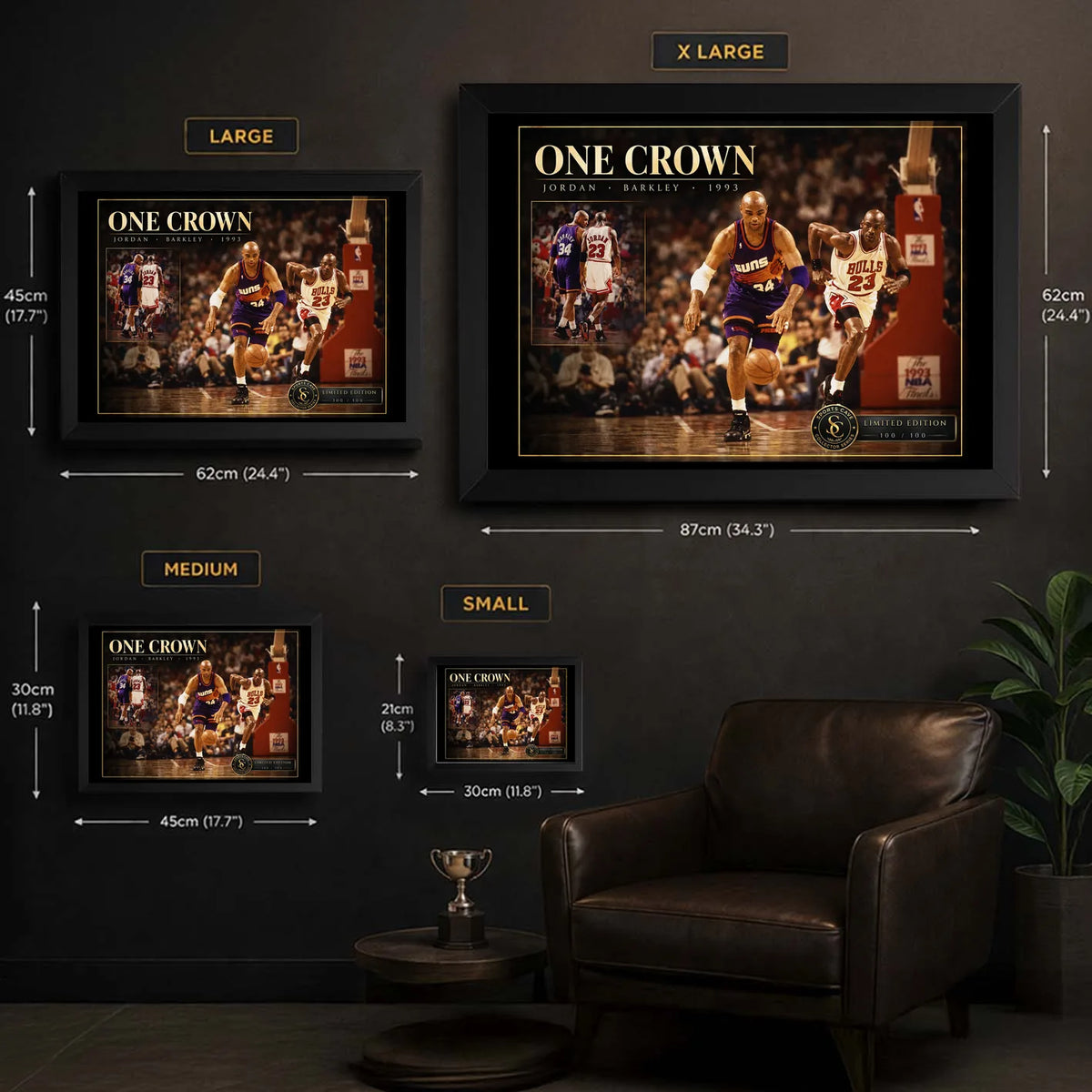 Jordan vs Barkley One Crown wall art size guide showing Small, Medium, Large and X Large framed dimensions.