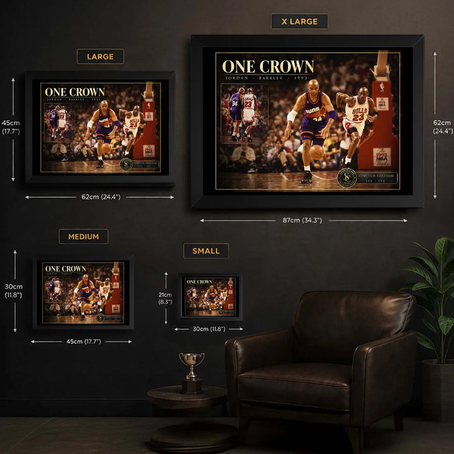Jordan vs Barkley One Crown wall art size guide showing Small, Medium, Large and X Large framed dimensions.