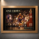 Oak framed Jordan vs Barkley One Crown basketball wall art shown against a dark wall for collector display.
