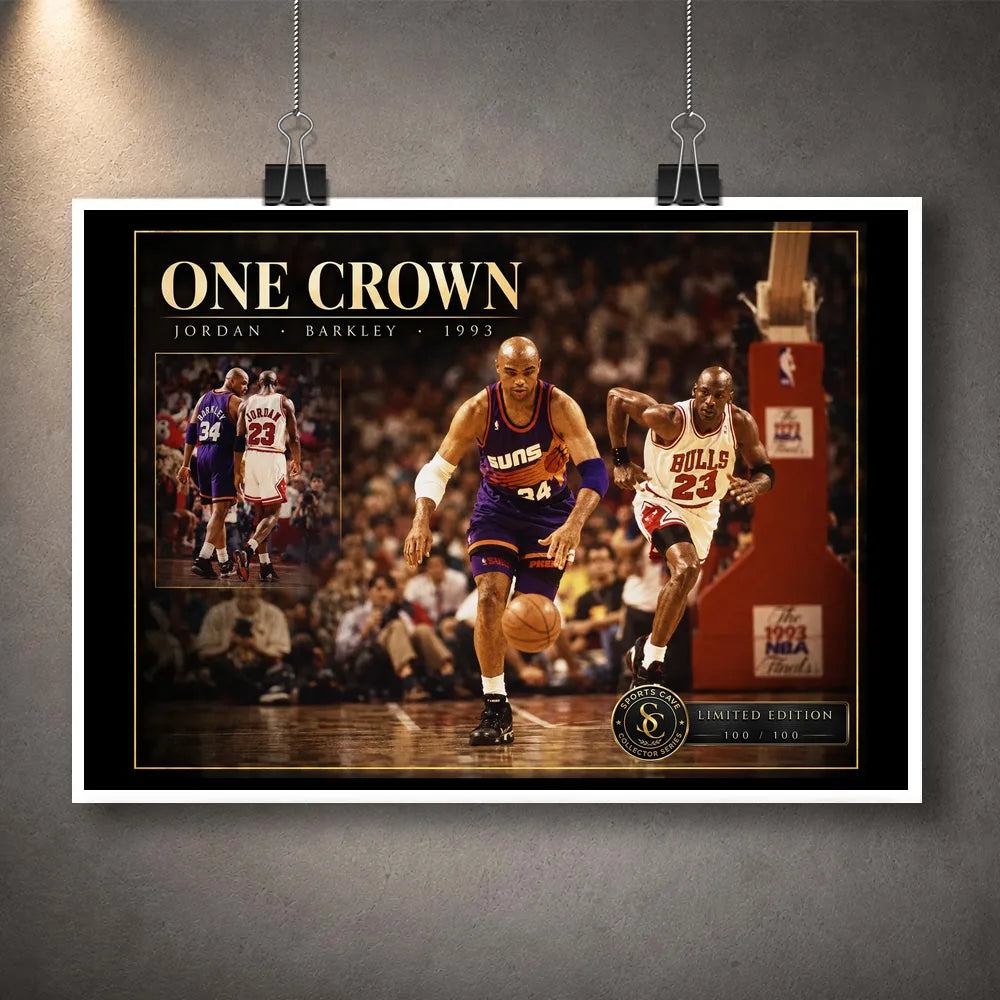 Unframed Jordan vs Barkley One Crown basketball wall art design shown as a print with hanging clips.