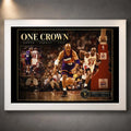 White framed Jordan vs Barkley One Crown basketball wall art shown against a dark wall for collector display.