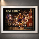 White framed Jordan vs Barkley One Crown basketball wall art shown against a dark wall for collector display.