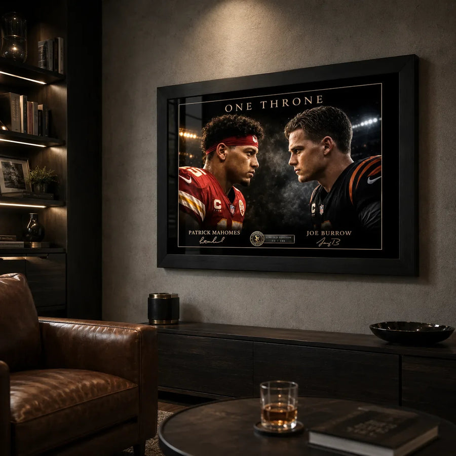 One Throne Mahomes vs Burrow wall art in a black frame, displayed in a dark refined man cave.