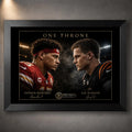 Black framed One Throne wall art showing Patrick Mahomes and Joe Burrow in an intense NFL quarterback face-off.