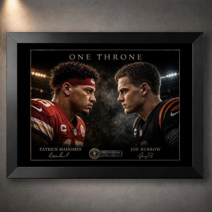 Black framed One Throne wall art showing Patrick Mahomes and Joe Burrow in an intense NFL quarterback face-off.