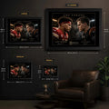 Mahomes vs Burrow wall art size guide showing Small, Medium, Large and X Large framed dimensions.