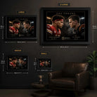 Mahomes vs Burrow wall art size guide showing Small, Medium, Large and X Large framed dimensions.