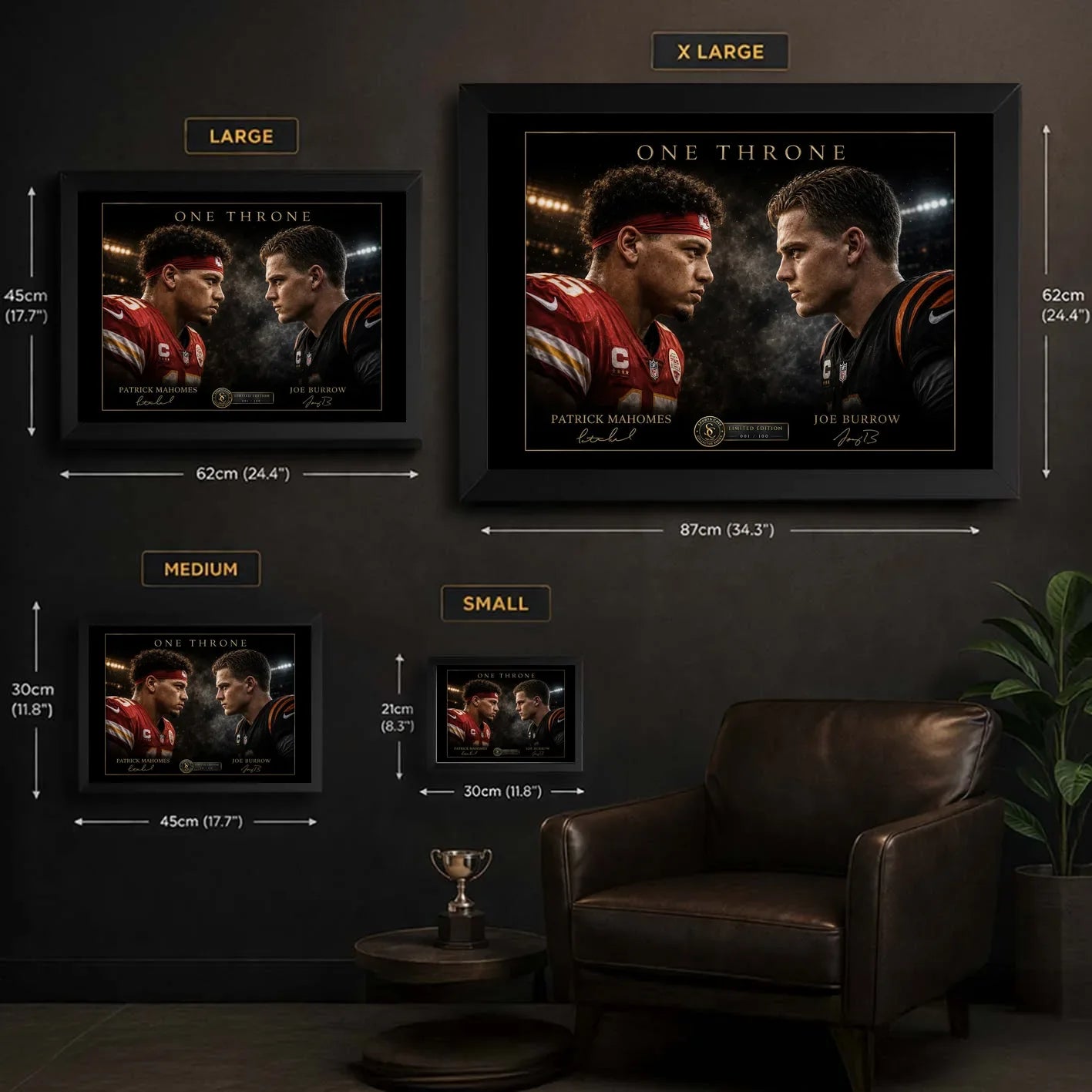 Mahomes vs Burrow wall art size guide showing Small, Medium, Large and X Large framed dimensions.