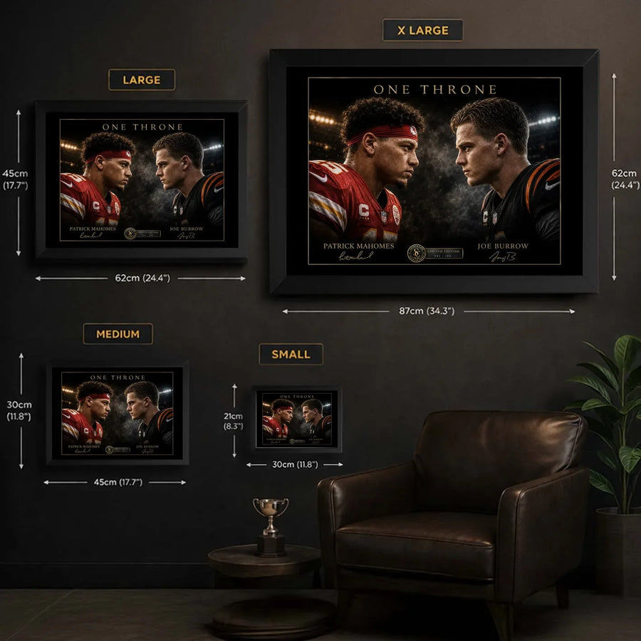 Mahomes vs Burrow wall art size guide showing Small, Medium, Large and X Large framed dimensions.