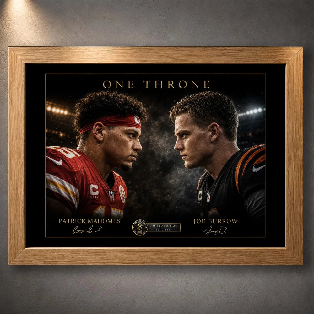 Oak framed One Throne wall art featuring Patrick Mahomes and Joe Burrow facing off under stadium lights.