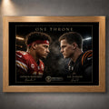 Oak framed One Throne wall art featuring Patrick Mahomes and Joe Burrow facing off under stadium lights.