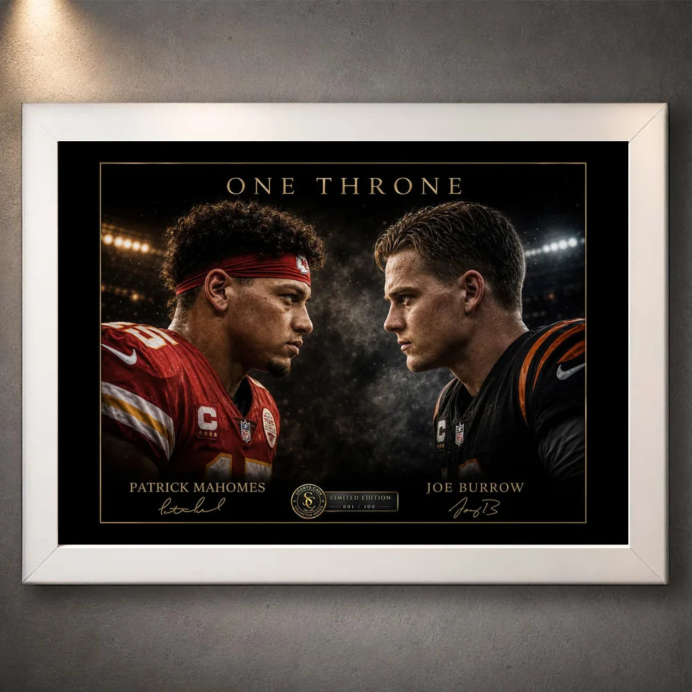 White framed One Throne wall art featuring Patrick Mahomes and Joe Burrow in a dramatic NFL face-off.