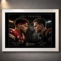 White framed One Throne wall art featuring Patrick Mahomes and Joe Burrow in a dramatic NFL face-off.