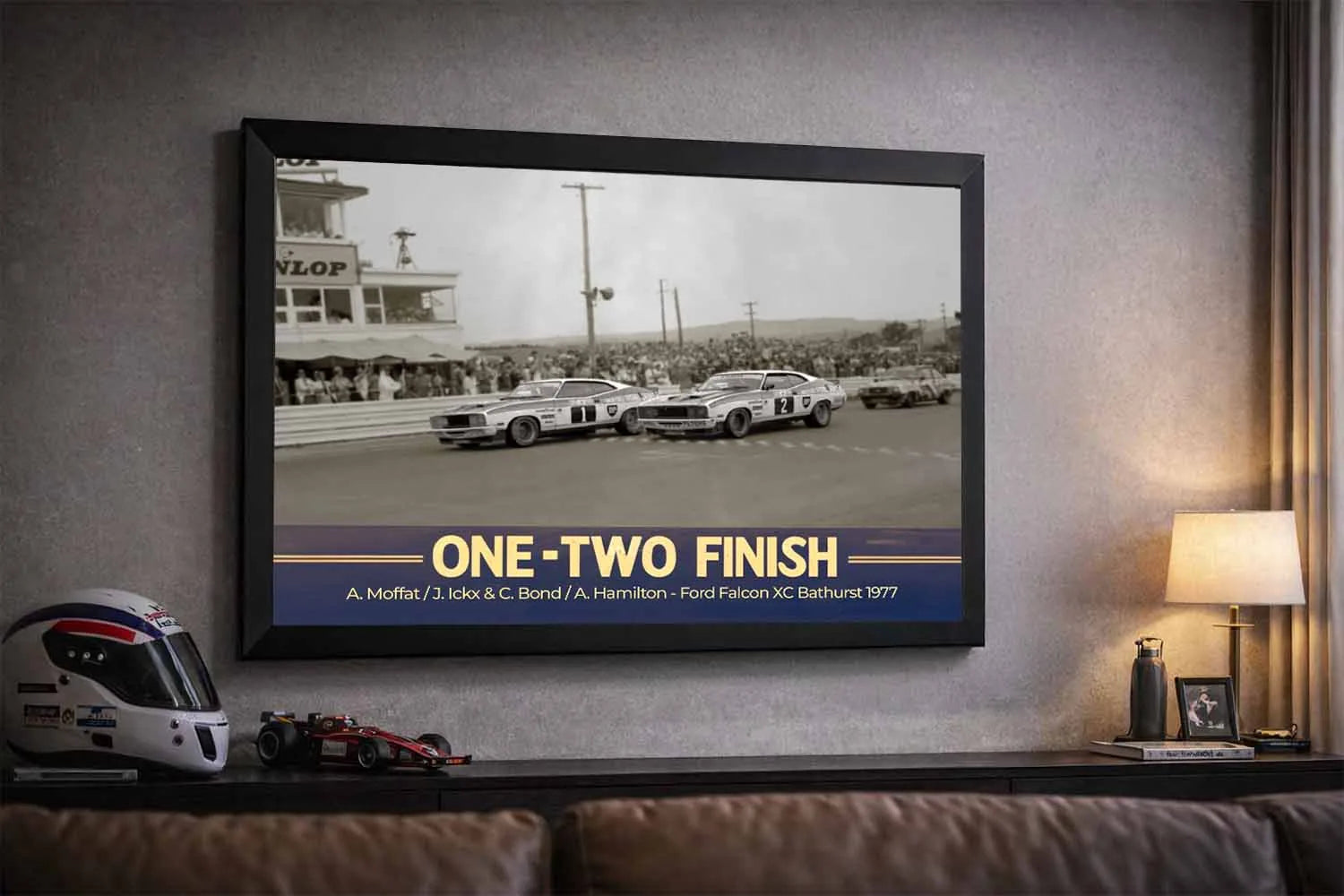 Vintage motorsport wall art displayed in a premium collector setting, Bathurst 1977 Ford Falcon XC one-two finish framed print for man cave or office decor.