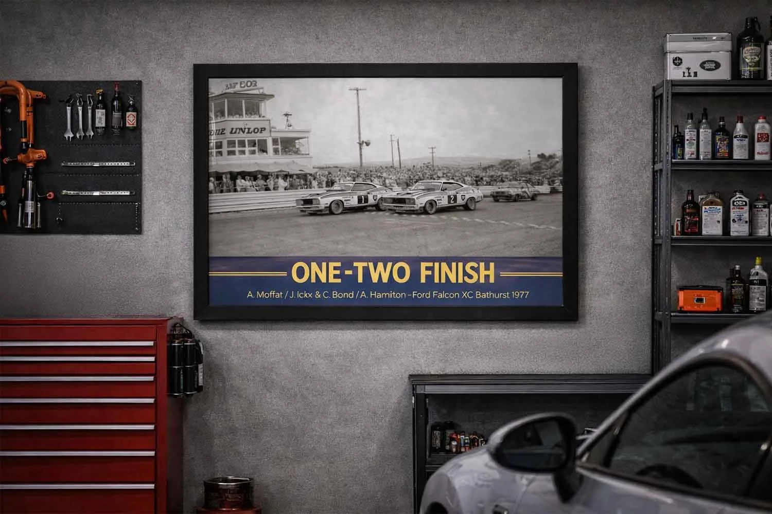 Motorsport wall art in garage man cave, Bathurst 1977 one-two finish Ford Falcon XC limited edition framed print by Sports Cave.