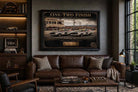 One-Two Finish Bathurst 1977 Ford Falcon XC artwork styled in a modern man cave, bold man cave wall décor for collectors.