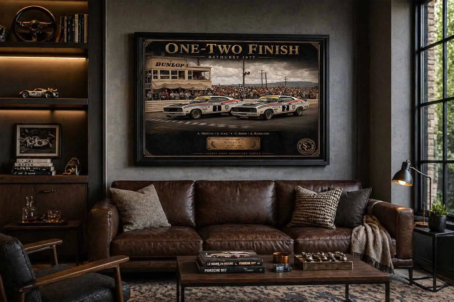 One-Two Finish Bathurst 1977 Ford Falcon XC artwork styled in a modern man cave, bold man cave wall décor for collectors.