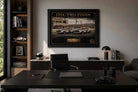 One-Two Finish Bathurst 1977 Ford Falcon XC artwork in an executive office, refined framed sports memorabilia.
