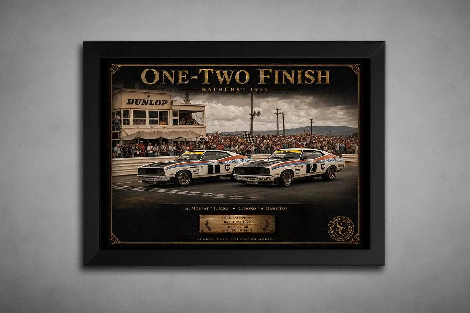 One-Two Finish Bathurst 1977 Ford Falcon XC artwork in a black frame, framed sports art for motorsport collectors.