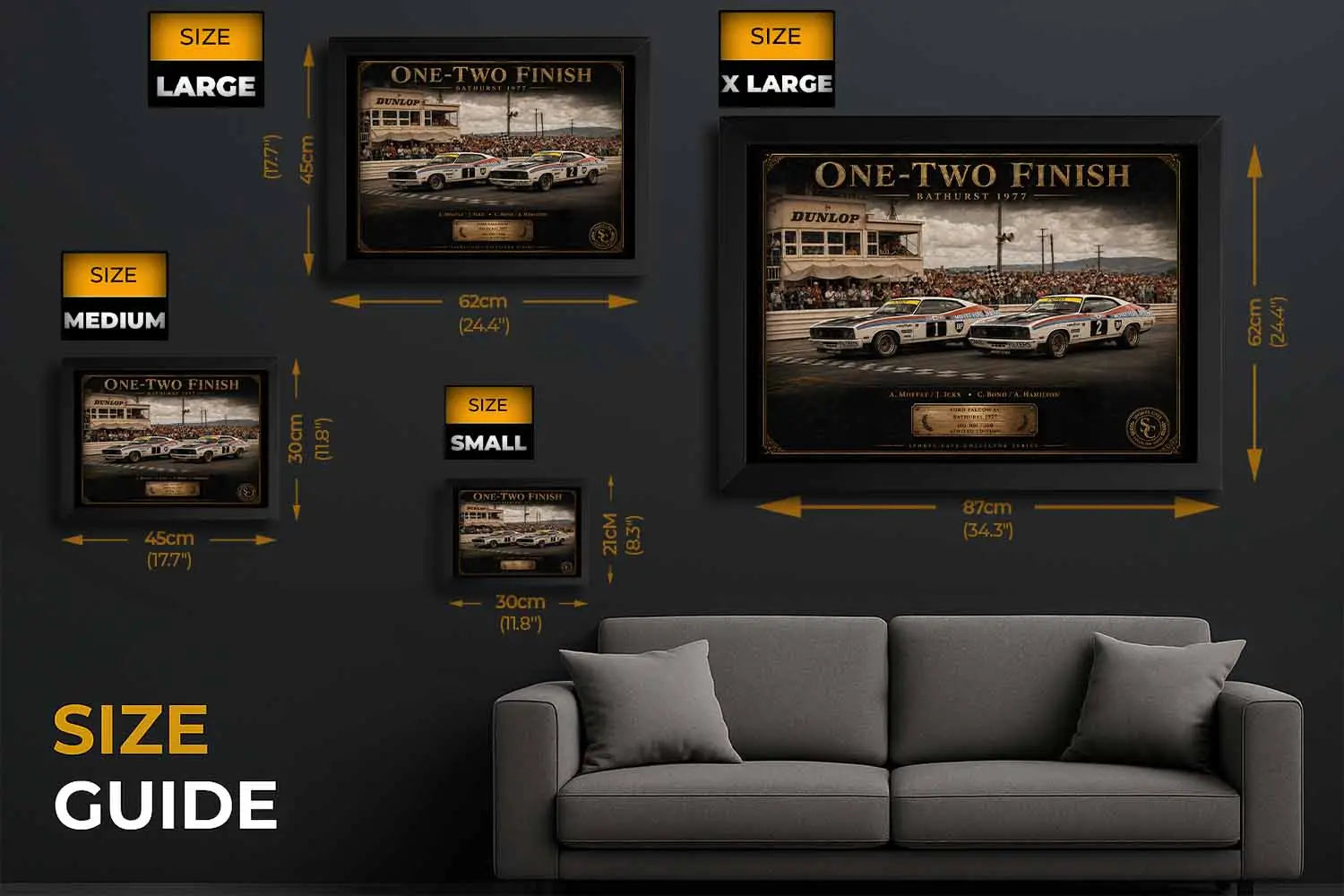 One-Two Finish Bathurst 1977 Ford Falcon XC size guide showing small to extra large framed sports art options.