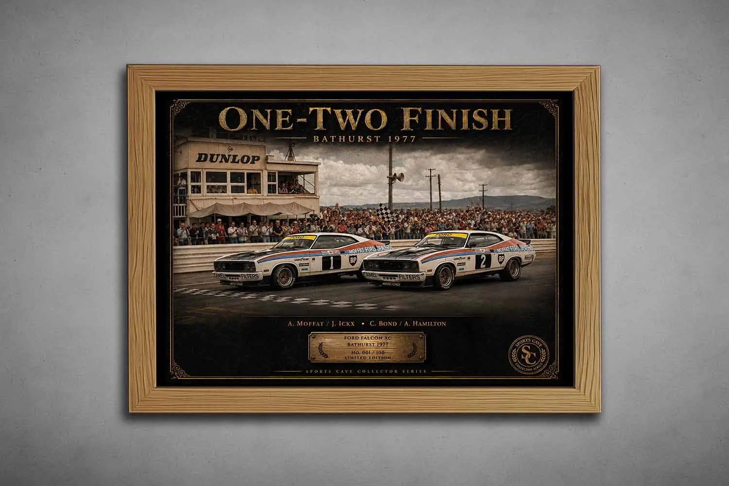 One-Two Finish Bathurst 1977 Ford Falcon XC artwork in an oak frame, premium sports collectibles for collectors.