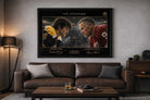 Bobby Orr vs Gordie Howe framed artwork displayed above a sofa, premium man cave wall décor with iconic hockey energy.
