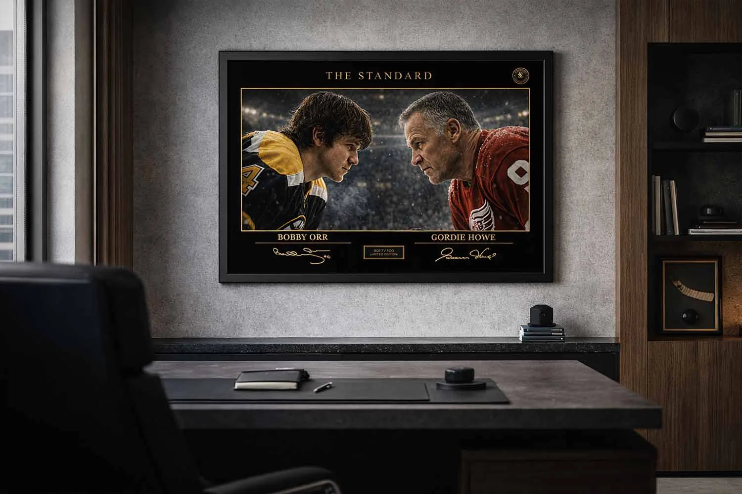 Bobby Orr vs Gordie Howe hockey artwork in an executive office, a bold limited edition sports prints centerpiece.