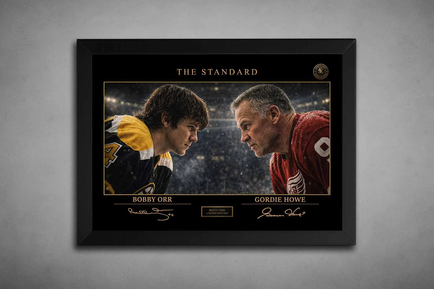 Bobby Orr vs Gordie Howe face-off in a black frame, a premium hockey rivalry framed sports art piece for collectors.