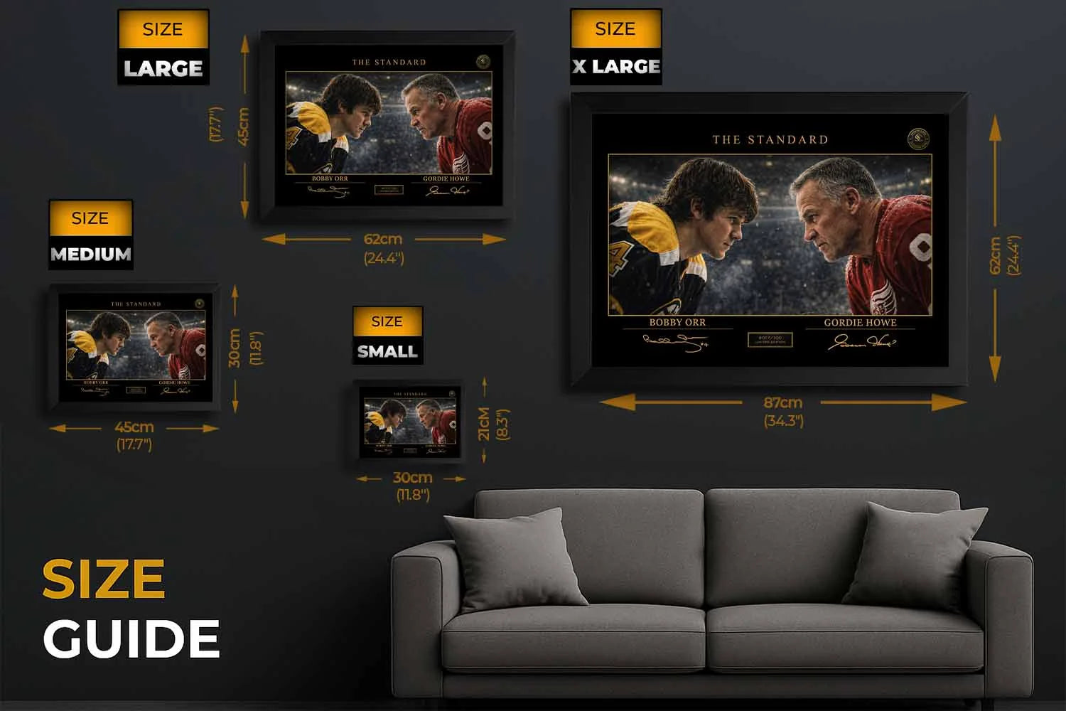 Bobby Orr vs Gordie Howe hockey artwork size guide showing multiple frame options for premium sports wall art display.