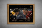 Bobby Orr and Gordie Howe rivalry artwork in an oak frame, timeless hockey moment captured as framed sports memorabilia.