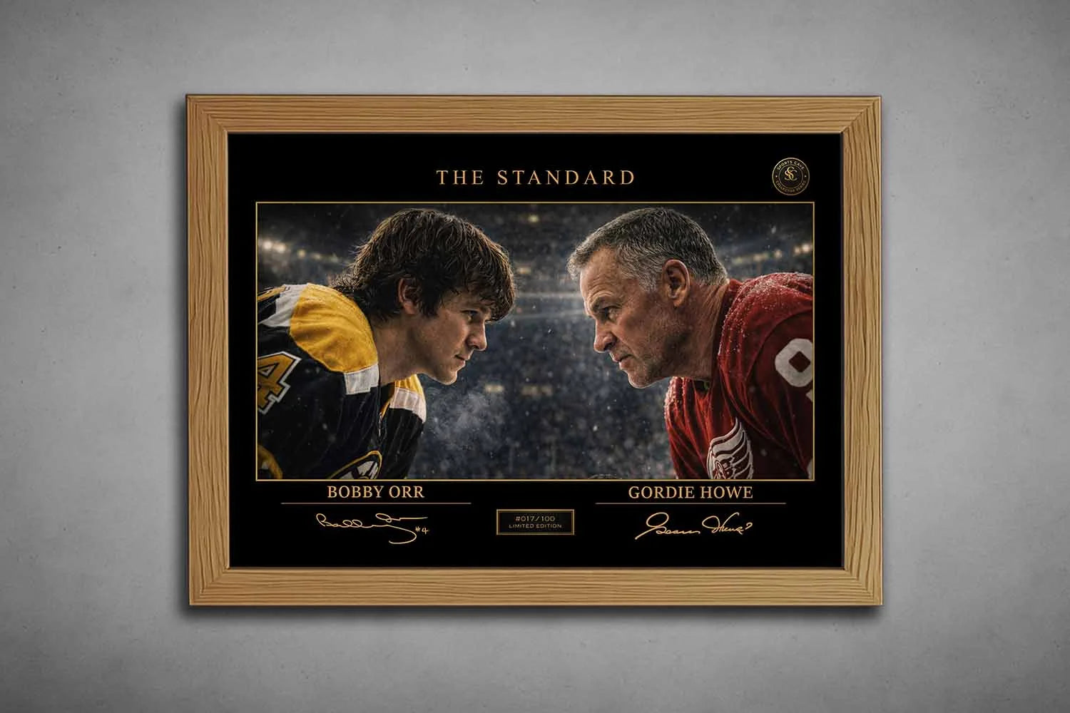 Bobby Orr and Gordie Howe rivalry artwork in an oak frame, timeless hockey moment captured as framed sports memorabilia.