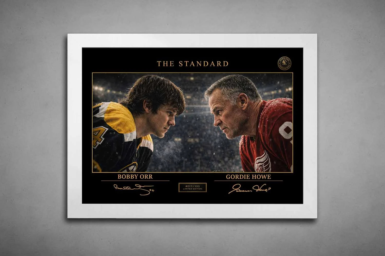 Classic Bobby Orr vs Gordie Howe hockey artwork in a white frame, refined sports wall art for modern interiors.