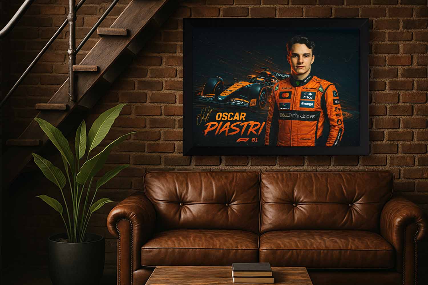 A bold framed sports art print featuring Oscar Piastri and his McLaren F1 car — perfect for collectors and premium man cave wall décor.