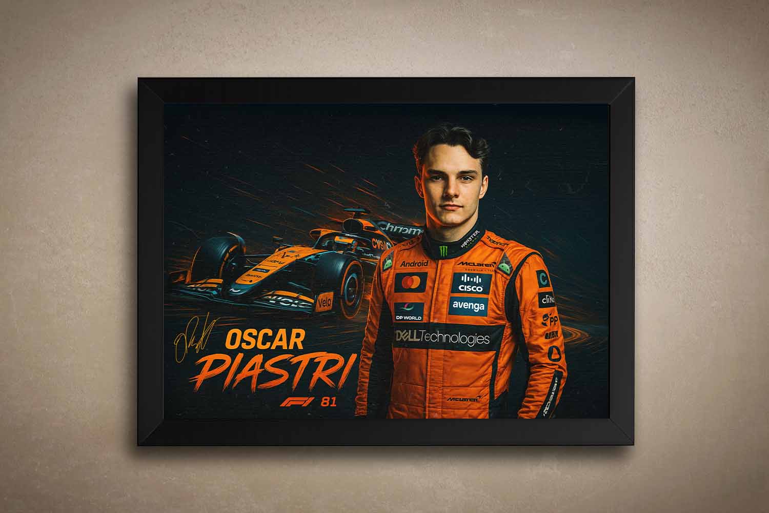 Framed Oscar Piastri McLaren F1 wall art featuring Piastri in race suit with car and signature, high-energy racing design.