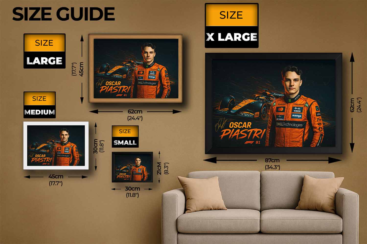 Oscar Piastri framed sports art size guide showing all print options from small to extra large, ideal for premium man cave wall décor.